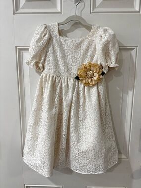Pippa and Julie Girls Ivory Lace Dress with Flower Accent